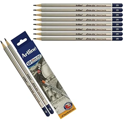 Image of artline 10 x 2B Graded Artist Professional Pencils Write Draw Sketch Shade + ZOFAX Biro BLACK Pen