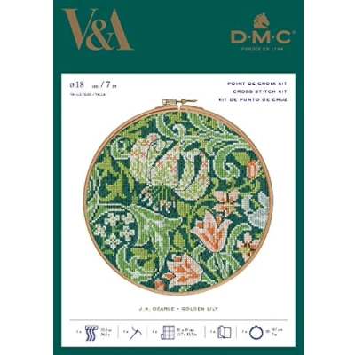 Image of DMC Stitch Kit Golden Lily J.H. Dearle, Includes No. 25 Embroidery Thread, Needle, Embroidered (Aida · White 14 Count) and Instructions