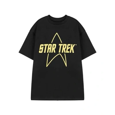 Image of Star Trek Mens Black Short Sleeved T Shirt Yellow Logo Graphic Tee Classic Sci Fi TV Series Apparel Top Official Starfleet Design Trekkie Merchandise Gift