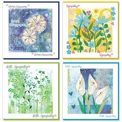 Image of Pack of Sympathy Cards, 14x14cm, 4 designs in this Bereavement Cards pack, each with a Coloured Envelope, blank inside, by Just Direct. (Flowers, Dandelion)