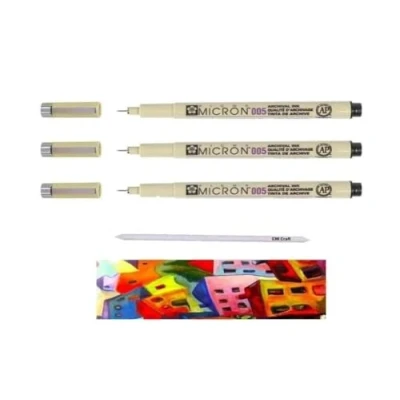 Image of Sakura Pigma Micron 005 Black Set of 3 Pigment Pens with superfine tip and Stompe. Made in Japan