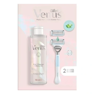 Image of Gillette Venus Women&#039;s Razor + 2 Blade Refills 2in1 Shave Gel and Cleanser 190ml Bundle, Specifically Designed for Pubic Hair &amp; Skin with A PH Balance