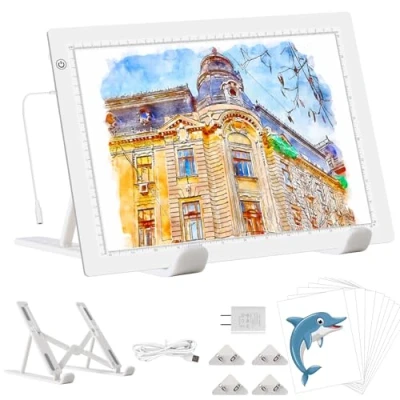 Image of YINGWOND A4 LED Light Box Drawing with Internal Cord,14.2 * 10.6 in,3 Levels Brightness,Light Pad Stand and British Standard Adapter,Ultra Thin 8000LUX Board for Tracing,Diamond Painting