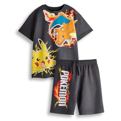 Image of Pokemon Boys T Shirt &amp; Shorts Set Kids Dark Grey Short Sleeve Graphic Tee Bottoms Clothing Bundle Pikachu Charizard Pokeball Complete Matching Outfit Game TV Series Movie Merchandise Gift