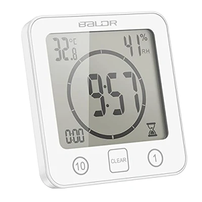 Image of ALLOMN Bathroom Clock, LCD Digital Shower Clock Alarm Waterproof Touch Control ℃/℉ Temperature Humidity, Count Down Timer, 3 Mounting Methods, Battery Power (White)