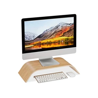 Image of relaxdays Bamboo Display Stand, Curved Desk Riser, Ergonomic, HWD 10x52.5x24 cm, Natural