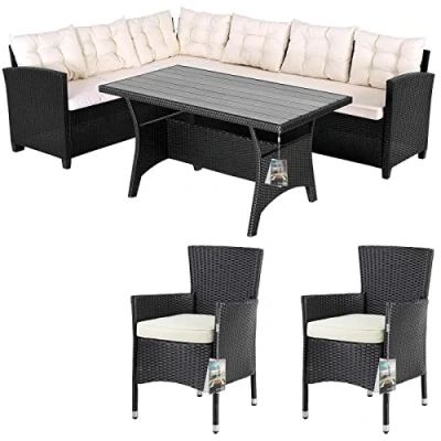 Image of CASARIA® Lisbon Polyrattan Garden Corner Lounge Dining Table Set with 2 Stacking Chairs Bench WPC Top Seat Cushions Weatherproof Outdoor Patio Seating Group Furniture Black