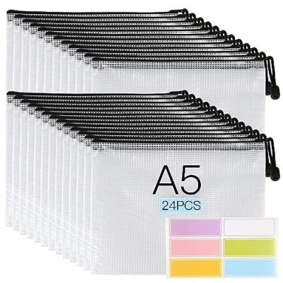 Image of A5 Plastic Wallet, 24Pcs Zip Wallets, Waterproof Document Clear Mesh Wallet Folders for Office Supplies, Documents, Paper, Travel, Cosmetics