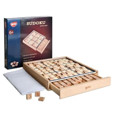 Image of BOHS Wooden Sudoku Board Game with Drawer Book of 100 Puzzles Brain Teaser Desktop Toys