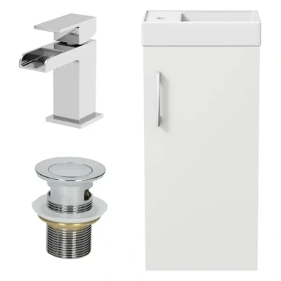 Image of AURORA® 400mm Freestanding Vanity Unit Furniture, Wash Basin Bathroom Sink With Mixer Tap, Soft Close Door, Storage Cabinet, Reversible, White Gloss