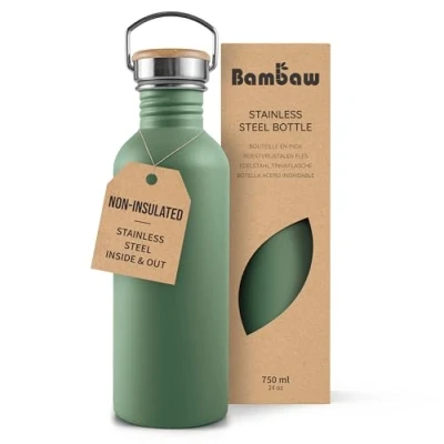 Image of Bambaw Stainless Steel Water Bottle 750ml, Green Bottle, Non Insulated Metal BPA Free Leakproof Reusable Sage
