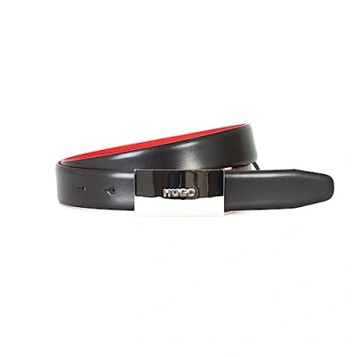 Image of HUGO Men&#039;s Baldwin Plaque Leather Belt, Black, 32