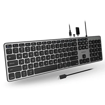 Image of Macally UCZKEYHUBACSG, Extended USB C Keyboard, with 2 A &amp; 1 ports and US QWERTY key cap layout, Space Grey