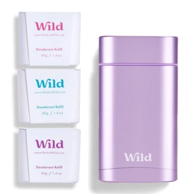 Image of Wild Natural Refillable Deodorant Aluminium Free Purple Case with Refill Variety Pack (3 x 40g) Includes Fresh Cotton &amp; Sea Salt, Jasmine Mandarin and Coconut Vanilla Scents Vegan