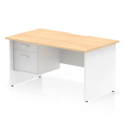 Image of Impulse 1400 x 800mm Scalloped Edge Straight Office Desk Maple Top White Panel End Leg Workstation 1 2 Drawer Fixed Pedestal