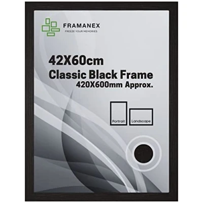 Image of FRAMANEX Classic Picture Poster Frame, 42 X 60cm Black Wood Finish, Portrait, Landscape Display Rectangle 420 600mm Frame (Black Frame)
