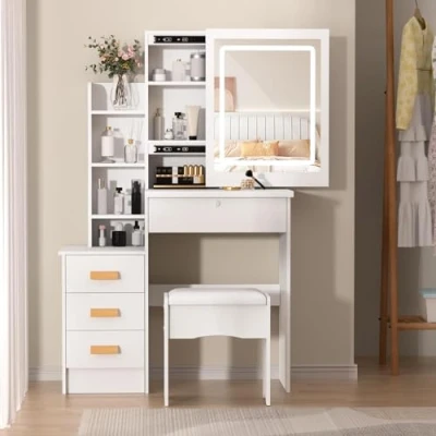 Image of cadciehe Vanity Desk with Sliding Mirror and Lights, Bedroom Dressing Table, Makeup Table Drawers &amp; Shelves, Hidden Storage Space ﻿ White