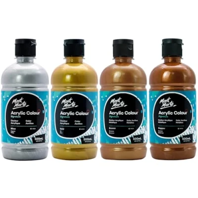 Image of MONT MARTE Metallic Acrylic Color Paint Set, 4 x 16.9oz (500ml), Semi Matte Finish, 12 Vibrant Colors, Suitable for Canvas, Wood, Fabric, Leather, Cardboard, Paper, MDF and Crafts