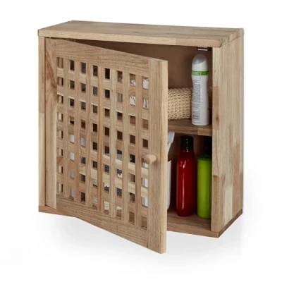 Image of Relaxdays Wall Cabinet, 2 Levels, Door with Magnetic Lock, Narrow Wooden Storage, Bathroom, Kitchen, 42x42x18cm, Natural, Wood (walnut)