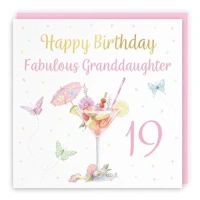 Image of Hunts England 19th Granddaughter Pink Cocktail And Butterflies Birthday Card Luxury Gold Foil Milo&#039;s Gallery Age 19 Elegant For Nineteen