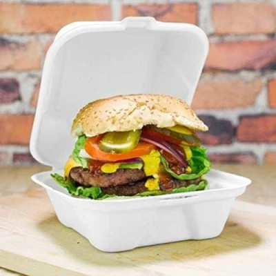 Image of Hot BARGAINS 50 X Bagasse 6&quot; Burger Box Clamshell Takeaway Clean white Size (152x152x78mm/6) For Burgers And More Or Cold Manufacturer Sealed Packaging (Hygiene Proof)