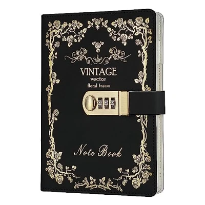 Image of NectaRoy Lockable Diary Lock Journal, PU Leather Cover Writing Notebook Planner, Wire Binding Lined Daily Travel Journal with Lock, Password Notepad Pen Holder, Size 215x150mm