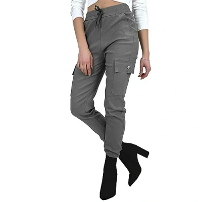 Image of Women&#039;s Button Cargo Pocket Jean Denim Look Stretch Fit Combat Trousers Joggers Pants (L XL, Charcoal Grey)
