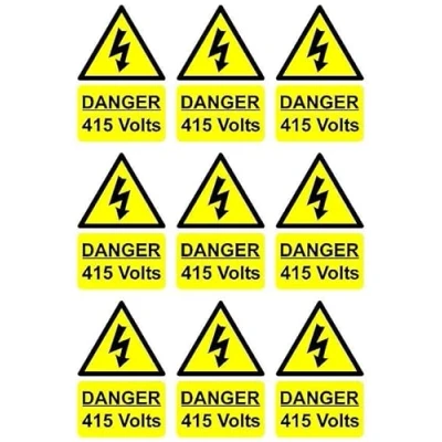 Image of Danger 415 volts electric safety sign Pack of 9 100mm x 66mm Self adhesive stickers on sheet (300mm 200mm)