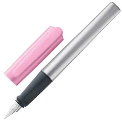 Image of LAMY nexx rose Fountain Pen with slip proof grip &amp; polished steel nib in size A triangular aluminum body including T 10 blue cartridge Right Handed