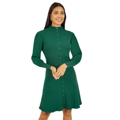 Image of Yumi Womens Green Knitted Button Up Midi Dress With Balloon Sleeves viscose Size Large