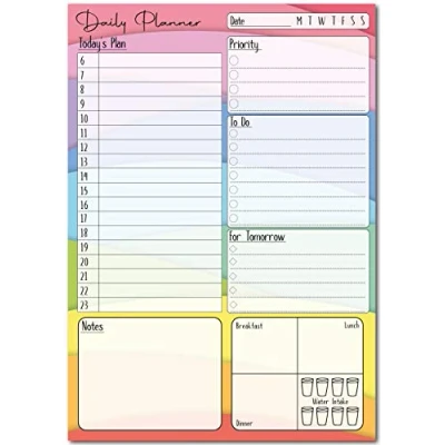 Image of A5 Daily Planner 50 Sheet Note Pad with Schedule, Priority, To Do Lists, Doodle Notes &amp; Meal Organiser (Bright Rainbow)