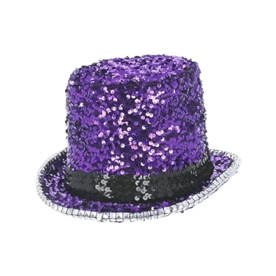 Image of Smiffys Fever Deluxe Felt &amp; Sequin Top Hat, Purple with Elastic Inner Rim, Accessories Fancy Dress, Adult Dress Up Hats