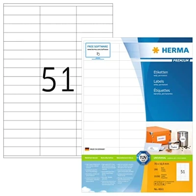 Image of HERMA Self Adhesive Multipurpose Labels, 51 Labels per A4 Sheet, 200 Sheets, 70 x 16.9 mm, 10200 Blank Universal Stickers, Sticky for Laser &amp; Inkjet Printer, White