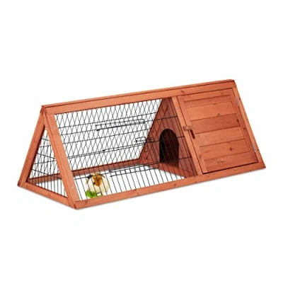 Image of Relaxdays Rabbit Hutch, House &amp; Enclosure, 2 Doors, HxWxD 41x110x49 cm, Small Bunny Cage inside Outside, Natural Wood