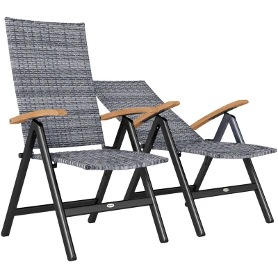 Image of Outsunny 2 Pieces Outdoor Folding Dining Chair, PE Rattan Chair with Armrests, High Backrest, for Garden, Camping, Balcony, Porch, Light Grey