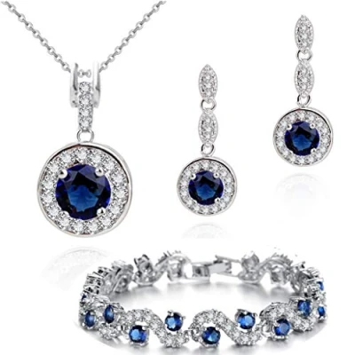 Image of Crystalline Azuria Women 18ct White Gold Plated Round Blue Simulated Sapphire Zirconia Crystals Set Pendant Necklace 17.7 inches Stud Earrings Bracelet