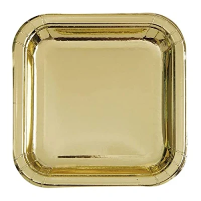 Image of Unique Party 32334 18cm Foil Gold Square Paper Plates, Pack of 8