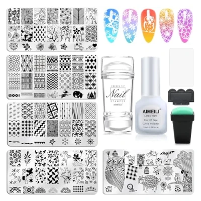 Image of AIMEILI Nail Art Stamping Templates Manicure Tool Kit 5Pcs Plates, 2 Stamper, Scraper, 1 Latex Peel Off Tape, Flower Animal Pattern Print Tools for DIY Designs
