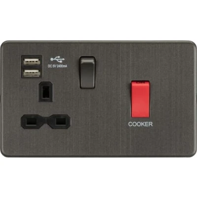 Image of KnightsBridge Screwless 45A DP Switch &amp; 13A Switched Socket with Dual USB Charger 2.4A Smoked Bronze