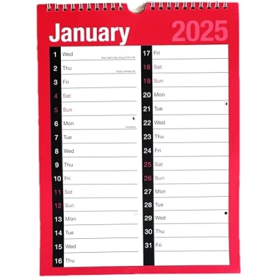 Image of 2025 Wall Calendar A3 Two Column Month to View Spiral Bound Planner