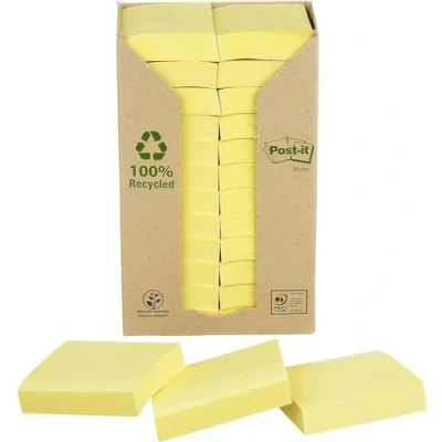 Image of Post it Recycling Notes Canary Yellow, Pack of 24 Pads, 100 Sheets per Pad, 38 mm x 51 mm, Yellow Color Self Stick Made from 100% Recycled Pape