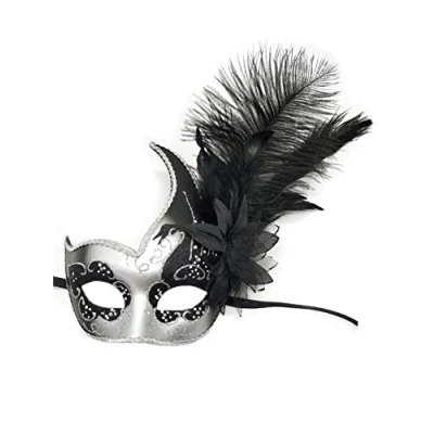 Image of Coolwife Costume Mask Feather Masquerade Halloween Mardi Gras Cosplay Party Masque (Silver Black)