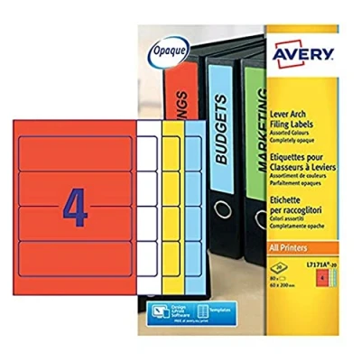 Image of Avery L7171A 20 Printable, Customisable Assorted Colours Lever Arch File Labels, 4 Labels Per A4 Sheet, 80 Pack