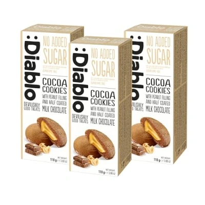 Image of Diablo No Added Sugar Cocoa Cookies with Peanut Filling and Half Coated Milk Choclate 110g (Pack Of 3)