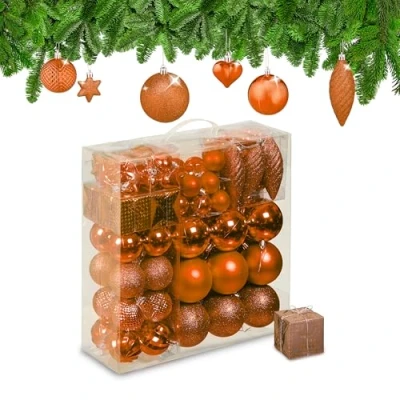 Image of Relaxdays Christmas Bauble Set of 110, Glittery, Matt &amp; Shiny Ornaments, Plastic Xmas Tree Balls, HxD: 9 x 8 cm,
