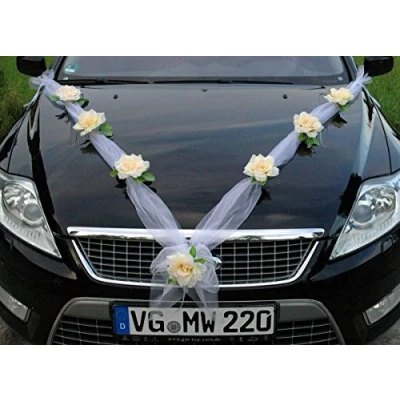 Image of Organza M Auto Schmuck Braut Paar Rose Deko Dekoration Hochzeit Car Wedding (Lemon/Weiß)