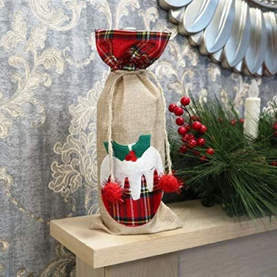Image of SHATCHI Wine Bottle Liquor Cover Bag with Drawstring Printed Pattern Burlap Hessian Linen Novelty Dinner Table Decorations Reindeer/Snowman/Robin/Christmas Pudding, Cotton, 15x35cm