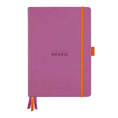 Image of RHODIA 118580C Bullet Journal Goalbook Rigid Notebook Lilac A5 Dotted Dot 240 Pages White Clairefontaine Paper 90g 3 Ribbons, Elastic Closure Faux Leather Cover