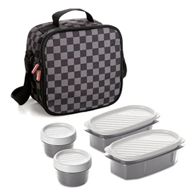 Image of Tatay Urban Food Casual Insulated Lunch Bag, 3L Capacity, 4 Plastic Storage Containers (2 x 0.5 L, 2 0.2 L) BPA Free, Chess. Measure 22.5 10 22 cm