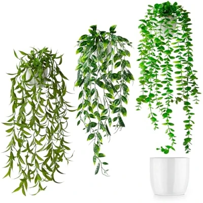 Image of PASCH® Set of 3 Artificial Hanging Plants (60 cm) in White Ceramic Pots: Like Real Plant Pot with